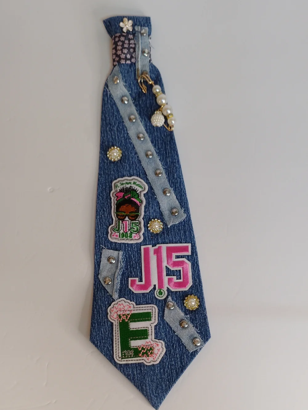 AKA Denim Necklace Necktie with Pink & Green Patches